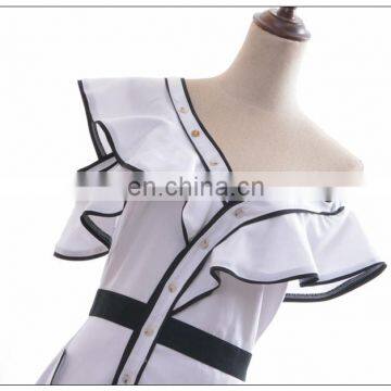 New Arrived One Shoulder off Cute Dress White Cotton Butterfly Sleeve Fit and Flare Mini Solid Dress photo-6