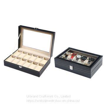 Customized Stitching Black PU Leather Watch Storage Boxes Watches Display Cases With Glass Window On Top Lid