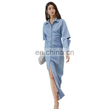 TWOTWINSTYLE Hollow Out Tunic Shirt Dress For Women Lapel Long Sleeve High Waist Split Maxi