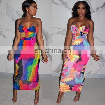 2020 Women Floral Print Long Casual Dresses Ladies Sleeveless Off Shoulder Printed Dresses Women Summer Casual Dresses photo-2