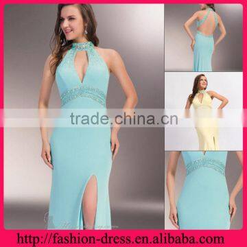 Shealth High Neck Floor Length Open Back Chiffon with Beaded Side Slit Empire Waist High Neck Evening Dresses