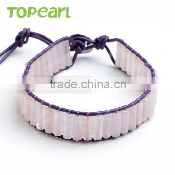 Topearl Jewelry Rose Quartz Bracelet Woven Leather Wrap Bangle 7.5 Inches CLL122