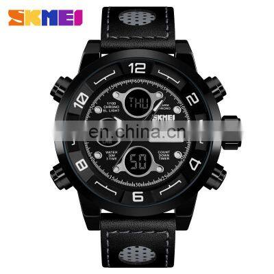 SKMEI 1371 Men's Sport Watch Quartz+Digital Leather Band Watch Multi-function Week Date Alarm Luminous