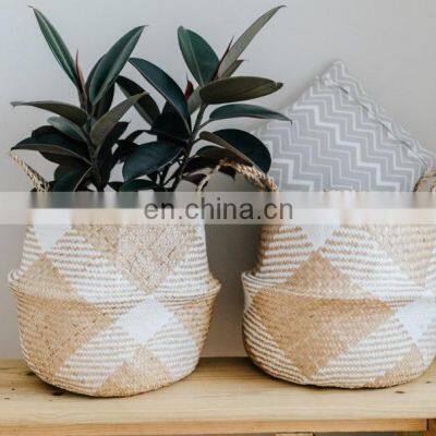 Handwoven Large White Patterned Basket, Seagrass Belly Basket, Boho Basket Planter Wholesale