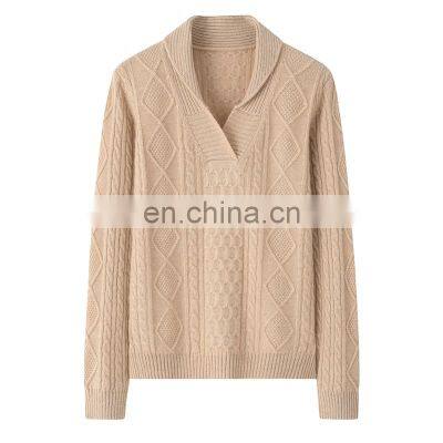 Custom Winter Women's Pure Cashmere Pullover Thick Jacquard Pattern Solid Style Turn-Down Collar Knitwear Sweater