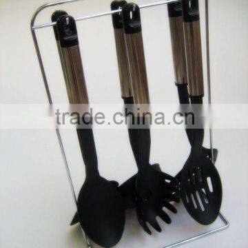 Passing SGS Senior 7-pieces Black Nylon Kitchen Utensil Set With Stainless Steel Hollow Handle and Metal Stand 001A photo-2