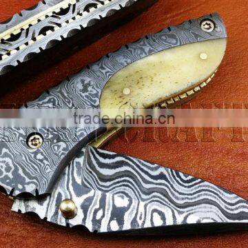 udk f208" custom handmade Damascus folding knife / pocket knife with Damascus steel bolster and Camel bone handle