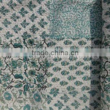 Handmade Cotton Patchwork Kantha Quilt, Hand Block Printed Bedspread