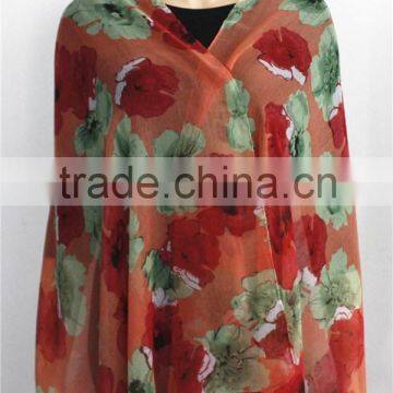 Green and Red Flower Printed Viscose Scarf photo-2