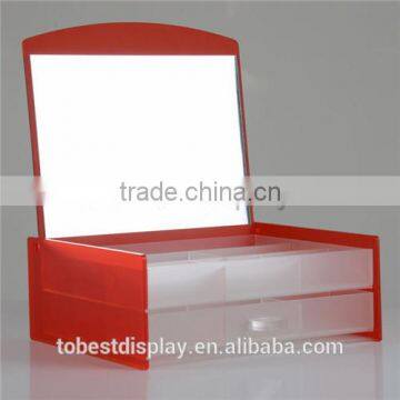 luxury shenzhen factory red compartment acrylic jewelry box/jewelry organizer box with mirror and drawers