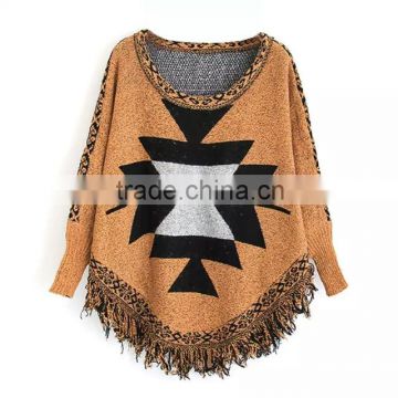 Geometric pattern jacquard bats long-sleeved tasseled turtleneck collar knitting sweater plus size blouse                        
                                                Quality Choice