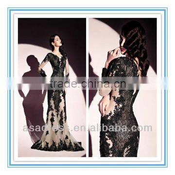 2014 Fashion Style Tull and Lace V-Neckline Mermaid Gown with Appliqued Exquisite Designer Evening Dress (EVDT-1003)