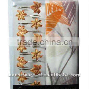 leaf pattern design peva shower curtain with 12 resin hooks