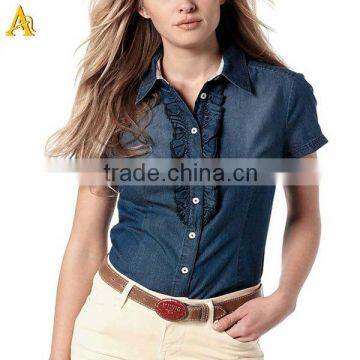 Women Denim Shirt in Mid Stonewash Blue