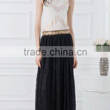 OEM Cheap price metalic lace suits designs tank tops with lace maxi skirt black woman casual wear