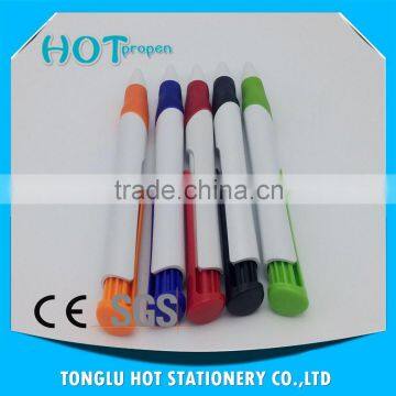 Long Clip White Barrel Click Ball Pen With Colored Soft Grip