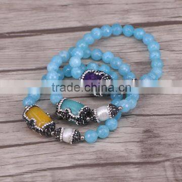 Round Facetd Stone Beaded Bracelets With Pave Crystal Nature Pearl And Mix Color Malaysian Jade Jewelry photo-3