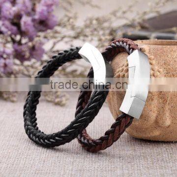 Two tone leather bracelets magnetic personalized braided leather bracelets with stainless steel clasp