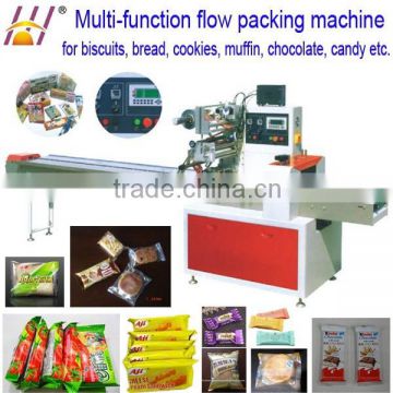 Multifunction flow packing machine for soda biscuit, Horizontal food packaging machinery, sandwitch biscuits packing machine.