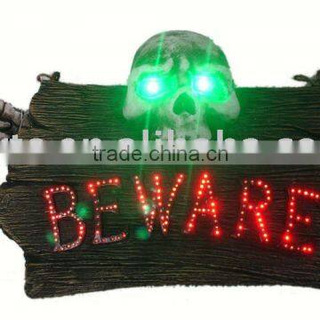 13" polyresin LED Holloween skull plaque with flashing LED "BEWARE" & music,