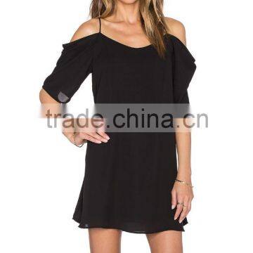 Simple fashion chiffon skirt with shoulder-straps casual black short dress