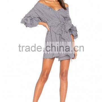 Long Puff Sleeve Wrap Dress Latest Bow Tie Design Fashion Boutique Dress photo-2