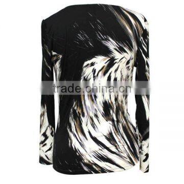 OEM Factory Cowl Neck Long Sleeve Stretchy Cotton Jersey Ladies Knitted White Black Leopard Printed Blouse photo-3