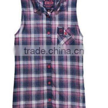 100%COTTON YARN DYED CHECK LADIES SHIRT, NO SLEEVE