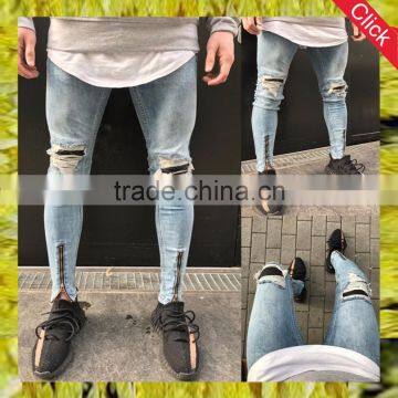 Hotsale high quanlity new style jeans pent men blue distressed leather biker jeans with zipper for men wholesale china