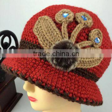 latest trendy fur flower crochet knit studs knit beanie winter hat