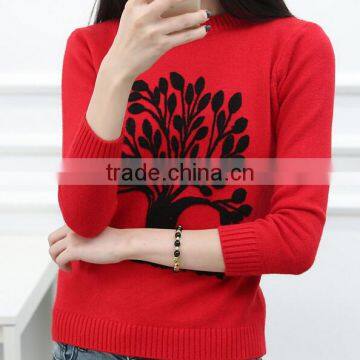 long sleeves crewneck trees embroidery applique ladies hand knitted jumpers