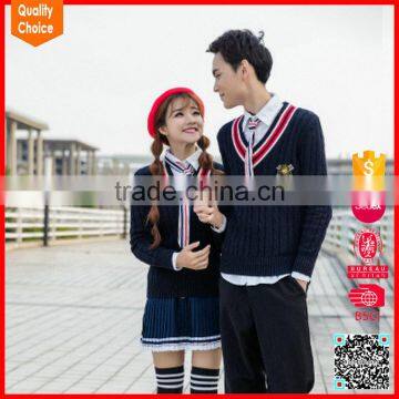 Fashion V-neck cable knitted 100%cotton school uniform sweater