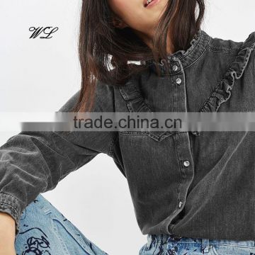 Ladies Fashion 100% Cotton Colored Blouse Frill Denim Shirts