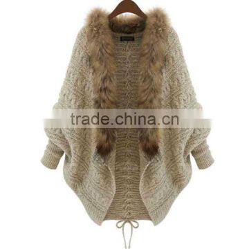 Hot sales type Woman Knit Jacket with raccoon fur collar/ lady cloak joker knitted coat with fake fur collar