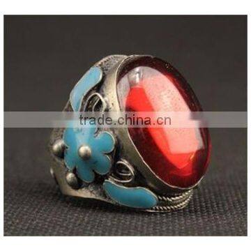 Miao Silver ring Carved mosaic Artificial red zircon ring