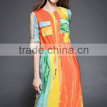 Summer Womens Fashion Casual Long Chiffon Maxi Dresses Lasies Short Sleeve Multi-Color Printed Dress photo-6