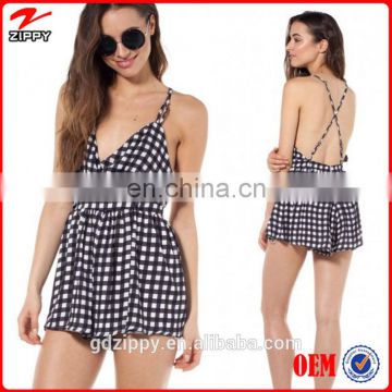 2014 New Sexy Wholesale Black And White Check Ladies Jumpsuit With Open Back/Women Playsuit