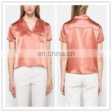 Natural Touch Ladies Fancy Pink Tops Silk Shirt Women With Short Sleeve