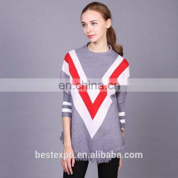 wholesale cashmere tassel poncho with sleeves woman knitted triangle pattern stripe sweater