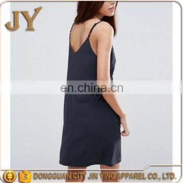Women Summer Mini Cami Dress Woven Dress With Eyelet Details Adjustable Spaghetti Strap V-neck Dress in Black photo-4