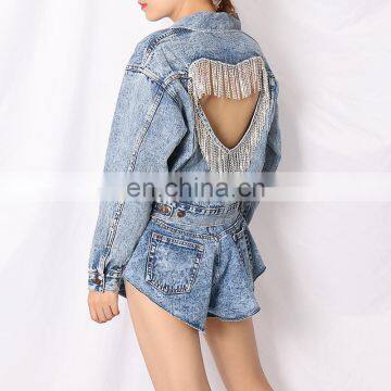 TWOTWINSTYLE Backless Tassel Jackets Lapel Long Sleeve Hollow Out Fall Clothing Casual Women Denim Jacket