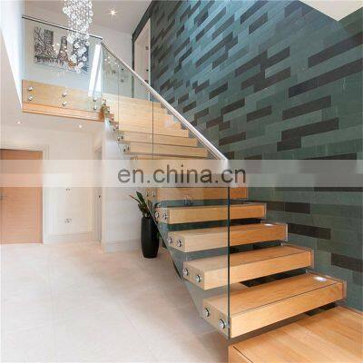 Interior straight floating stair wooden tread steps staircase with glass railing system