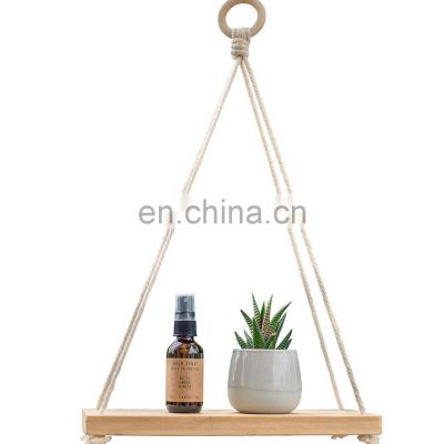 12 Inches Pure Bamboo Hanging Plant Shelf Indoor Swing Rope Floating Shelf