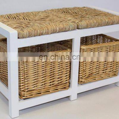 White Two Seater Wooden Storage Bench with Wicker Baskets and Seating