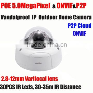 POE 5mp ip vandalproof dome camera with 2.8-12mm lens HD P2P ONVIF