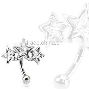 Surgical Steel Triple Star Eyebrow Ring Curve Paved Star CZ