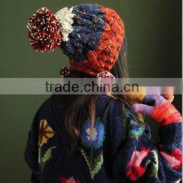 Cute Korea woolen top dye yarn knitted hat with ball top,many colors for choice