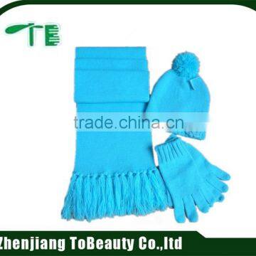 Cheap blue plain knitted winter acrylic hat glove scarf set