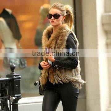 Wholesale Genuine Knitted Rabbit Fur Vest with Raccoon Fur Collar