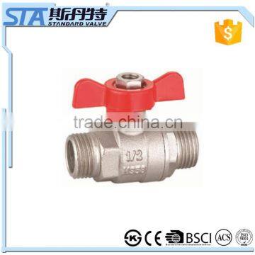 Forged male and male thread nickel plated brass ball valve with red butterfly handle for water